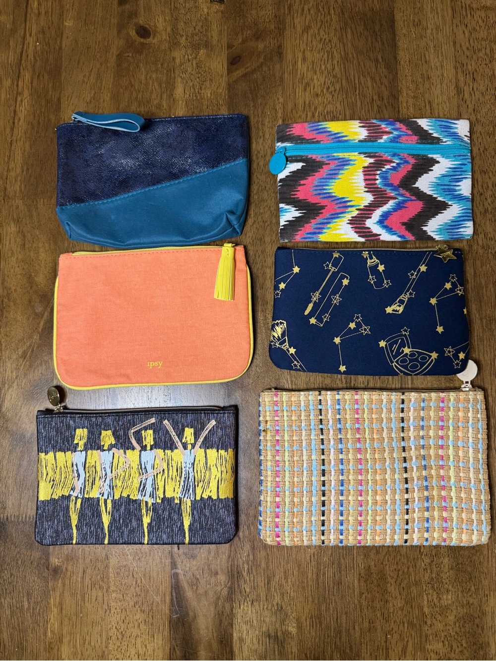 Set of 6 Colorful Zip Pouches - Make Up Bag, Toiletries Pouch, Purse Organizer